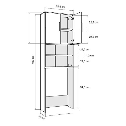 ECD Germany Mueble de lavadora - Blanco - 62,5 x 25 x 190 cm - Armario de baño para lavadora secadora Aseo WC - Estante aglomerado común - Compartimientos sobre Lavandería- Elegante - Fácil de montar