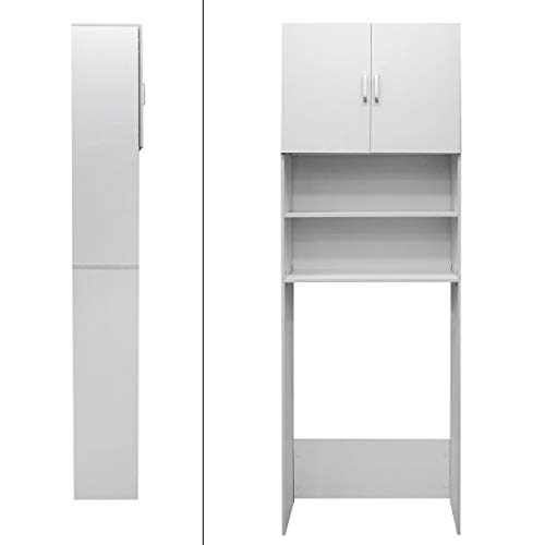 ECD Germany Mueble de lavadora - Blanco - 62,5 x 25 x 190 cm - Armario de baño para lavadora secadora Aseo WC - Estante aglomerado común - Compartimientos sobre Lavandería- Elegante - Fácil de montar