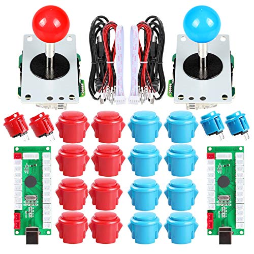 EG STARTS 2 Player Controlador USB para PC Juego 2x 5Pin Joystick + 4x 24mm + 16x 30mm Botones para Arcade Juegos DIY Cabinet Kits Piezas Mame SNK KOF Raspberry Pi Retropie Projects & Rojo / Azul