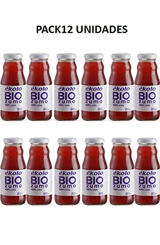 Ekolo Zumo de Uva Ecológico, 100% Exprimido, 12 Botellas x 200 ml, 2400 ml