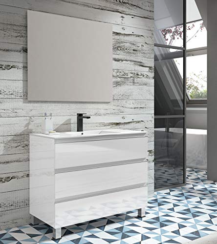 EL ALMACEN DEL PROFESIONAL Juego de Mueble de Baño Modelo Noruega Porcelana, Conjunto formado por Mueble de Baño Lacado en Blanco Ancho 100cm, Lavabo de Porcelana y Espejo a Juego