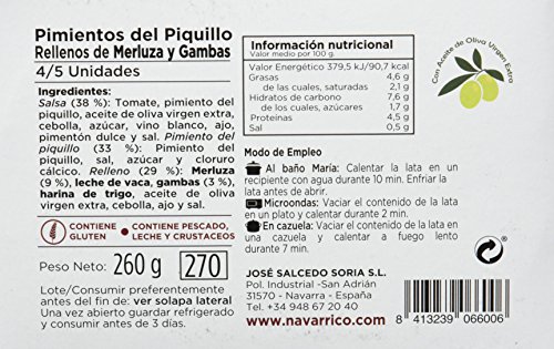 El Navarrico Pimientos Rellenos de Merluza y Gambas - Paquete de 3 x 260 gr - Total: 780 gr