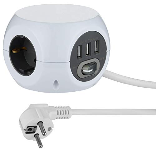 Electraline 62078 Mini Cubo con 3 puertos USB 2.4 A, con 3 tomas con interruptor, Cable 1,5M, Blanco