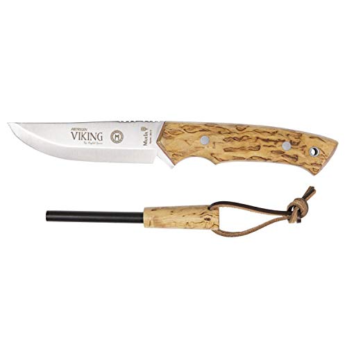 Electropolis Cuchillo de Caza Muela Viking, cachas de Abedul Rizado, Hoja de 11 cm con 4 mm de Espesor, 201 Gramos, con Funda marrón, Viking.M-11B.M + Tarjeta Multiusos de Regalo