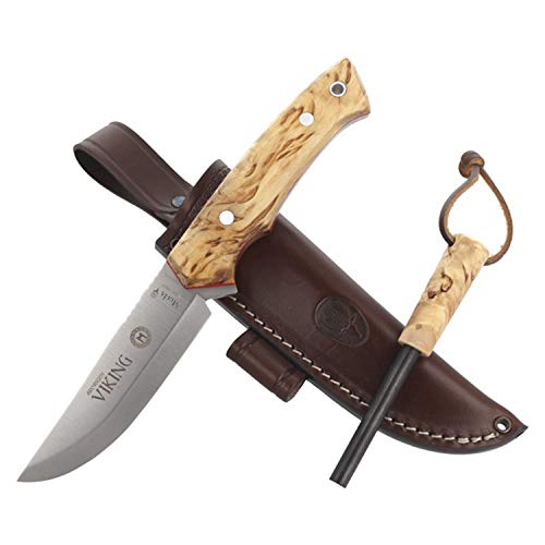 Electropolis Cuchillo de Caza Muela Viking, cachas de Abedul Rizado, Hoja de 11 cm con 4 mm de Espesor, 201 Gramos, con Funda marrón, Viking.M-11B.M + Tarjeta Multiusos de Regalo