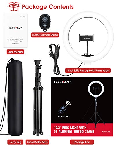 ELEGIANT 10" Aro de Luz Selfie Trípode, Anillo de Luz LED con Soporte para Móvil con Control Remoto Regulable para Transmisión en Vivo, Maquillaje Youtube Tiktok Fotografía Compatible con iOS Android