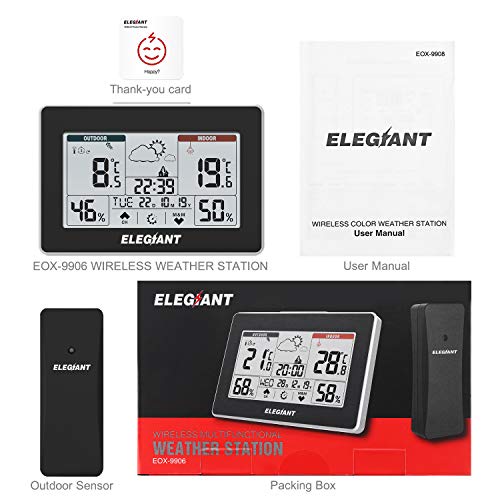 ELEGIANT Estación Meteorológica con Sensor Inalámbrico para Interior Exterior, Termómetro Digital Higrómetro con Temperatura, Humedad, Pronóstico del Tiempo, Hora del Día, 3 Canales, Pantalla Táctil