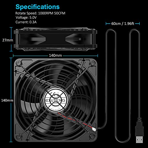 ELUTENG USB Ventilador de Escritorio 140mm Radiador de Refrigeración Ventiladores 50CFM 1000RPM Ventilador 5V / 0.3A con Parrilla de Metal para PC/AV cabint / PS4 / Xbox/Router, Negro