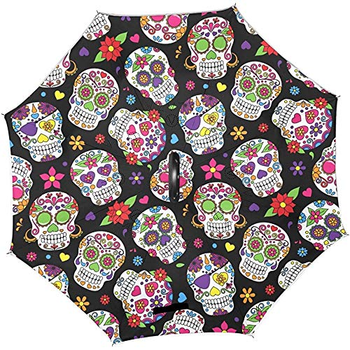 Elxf Calaveras de Halloween Hola Bienvenido Flores Florales Azúcares Invertidos Sombrillas invertidas Sombrilla Reversible para Lluvia