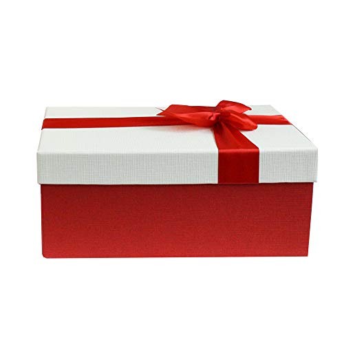 Emartbuy Rígido lujo Rectángulo en Forma de Caja de Regalo de Presentación, 31 x 21 x 15 cm Caja Roja Con Tapa de Color Crema, Interior Marrón Chocolate y Lazo Decorativo de Raso Satinado