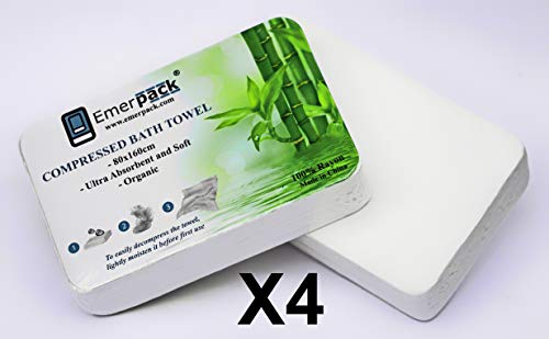 Emerpack 4X Toalla de Baño Desechable/Precintada y Aseptica/Grandes 80x160 cm XL/para Piscina, Playa, SPA, Hotel, Viajes, Gimnasio, Deportes, Camping/Suave y Absorbente Comprimida