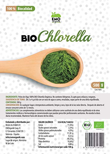 EMO Bio Chlorella Ecológica - 500 gramos - 100% Ecológica - Rica en Proteína Vegetal - Beneficiosa para la Salud - Rica en Clorofila - Apto para Veganos - Aumenta tu Energía