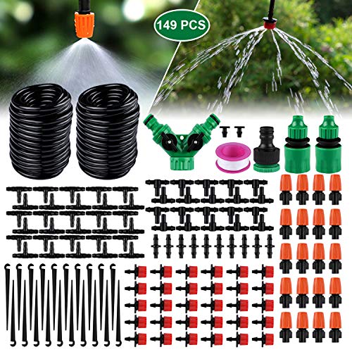 Emooqi Sistema de Riego de Jardín, 149 Pcs Goteros para Equipos de Riego, Accesorios para Riego por Goteo Sistema de Riego DIY para Irrigación Riego para Jardín, Plantas de Patio - 30M Tubo