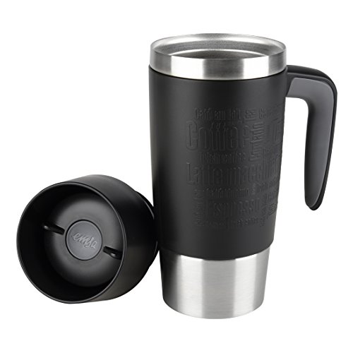 Emsa Travel MUG Handle Taza térmica, Acero Inoxidable, Negro, 0.36 L