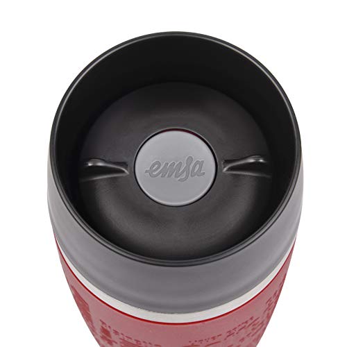 Emsa Travel Mug - Taza térmica de 0.36 l, mantiene calor 4 h y frío 8 h, acero inoxidable con base antideslizante y zona de agarre de silicona con letras grabadas, color rojo