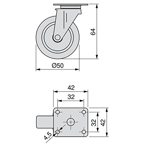 Emuca - Lote de 4 ruedas pivotantes para mueble Ø50mm con placa de montaje y rodamiento de bolas, ruedas de goma para muebles color gris