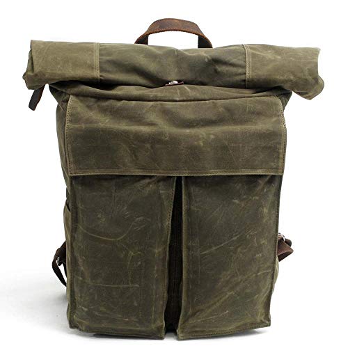 ENLAZY Pure Cotton Oil Wax Canvas Backpacks Waterproof School Backpack Crazy Horse Leather Backpack Outdoor Hiking Travel Backpack 17 Inch Laptop Bag, Military Green