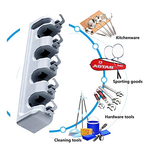Escoba Soporte,Fregona y Holder Broom 4 Posiciones con 5 Ganchos Montado en la Pared Herramienta de Almacenamiento para Cocina Jardín Armario Equipo Deportivo y Garaje