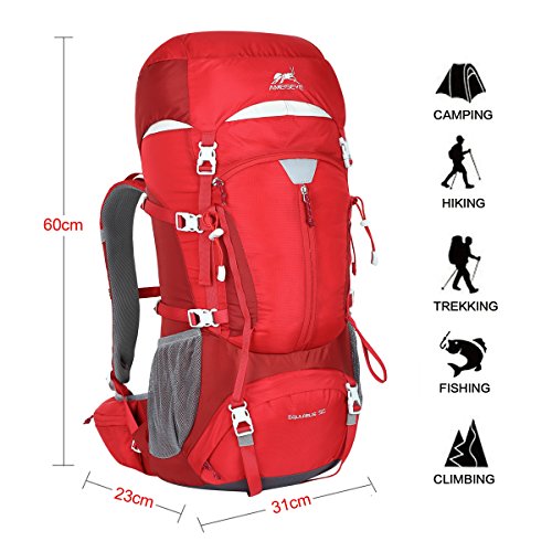 Eshow 50L Mochilas de Acampada Multifuncional Mochilas de Senderismo de Nailon Impermeable Mochilas de Montaña para Viajes de Unisex Color Rojo