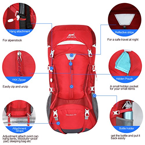 Eshow 50L Mochilas de Acampada Multifuncional Mochilas de Senderismo de Nailon Impermeable Mochilas de Montaña para Viajes de Unisex Color Rojo