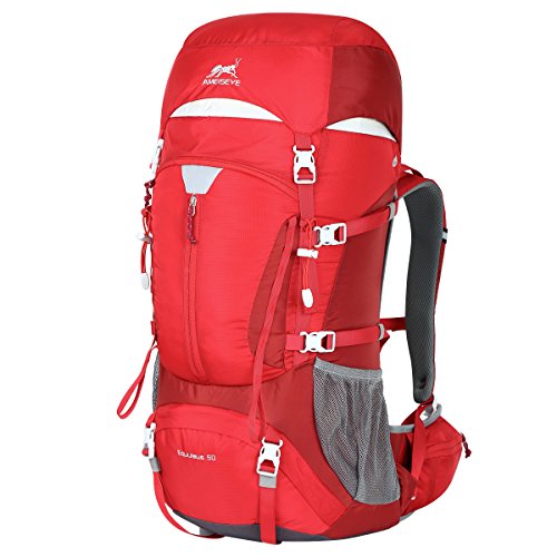 Eshow 50L Mochilas de Acampada Multifuncional Mochilas de Senderismo de Nailon Impermeable Mochilas de Montaña para Viajes de Unisex Color Rojo