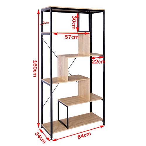 eSituro Estantería Librería Estante de Metal Estante de Cocina Estante de Almacenamiento de Organizador Multifuncional para Libros Plantas con 5 Estantes Metal + MDF 84x34x160CM SSTR0051