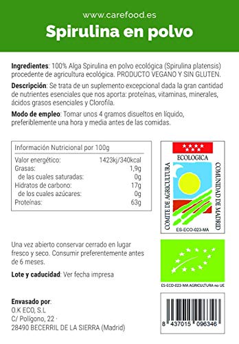 Espirulina ecológica en polvo 200gr Carefood 100% Orgánica | Alga Spirulina Platensis Apta para veganos | Superalimento Ecológico