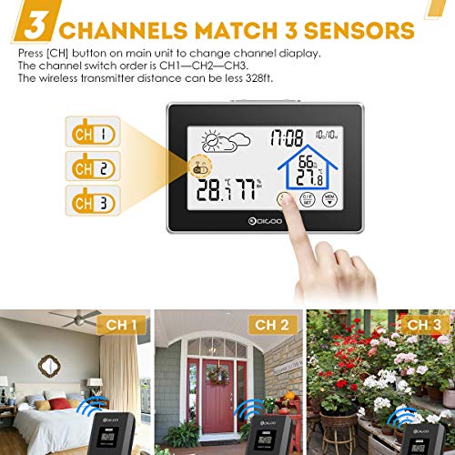 Estación meteorológica con sensor inalámbrico al aire libre, DIGOO DG-TH8380 higrómetro digital con pantalla táctil, monitor de temperatura y humedad