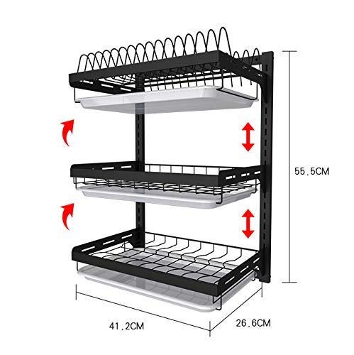 Estante de cocina de acero inoxidable negro | Escurridor de platos de pared – 2 pisos/3 pisos, estantes opcionales para cubiertos de almacenamiento, de DJSMsnj, acero inoxidable, 3 layer