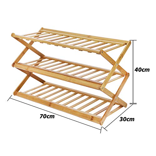 Estantería para zapatos de 3 niveles de bambú natural, resistente, telescópica, plegable, para pasillo, dormitorio, cuarto de baño, salón o dormitorio, sin necesidad de instalar