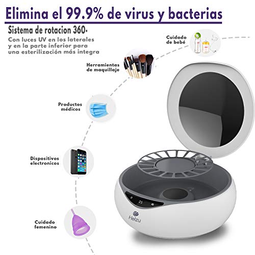 Esterilizador UV, rotación 360° integrada con cargador inalámbrico. Esterilizador ultravioleta de uso diario tasa 99.9% Desinfectante mascarillas, móvil, chupetes, herramientas de maquillaje. By Helzu