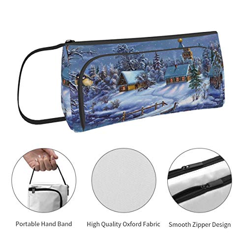 Estuche de gran capacidad con banda de mano 3D Snowing Town Bridge River doble cremallera multi-ranura portátil pluma bolsa para el muchacho universitario