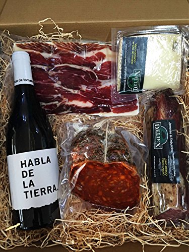 Estuche gourmet con un variado lote de productos Ibéricos de calidad y una botella de vino Habla de la Tierra para regalar