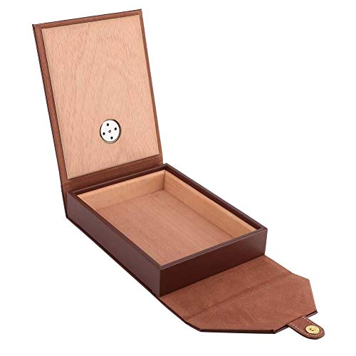 Estuche Para Cigarros Portátil Cigarrillo Hecho a Mano Cigarro de Madera Humidor Cedro Español Caja de Almacenamiento de Cigarros de Cuero Artificial Con Higrómetro, Humidor Para Viajes(Brown)