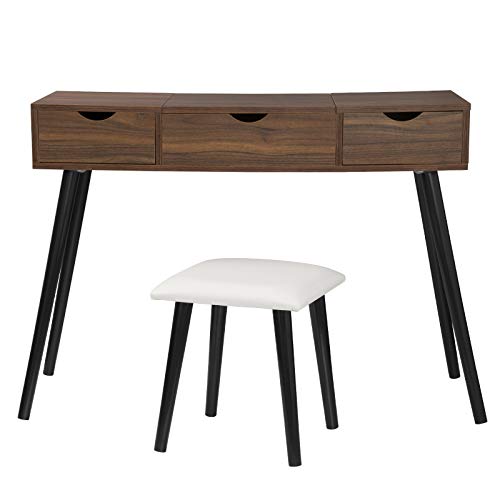 EUGAD Juego Mesa de Tocador con Taburete con Bisagras Tocador Moderno Escritorio para Computadora con Espejo Plegable Mesa de Maquillaje con 2 Cajones Madera 100x40x75cm Roble 0013SZT