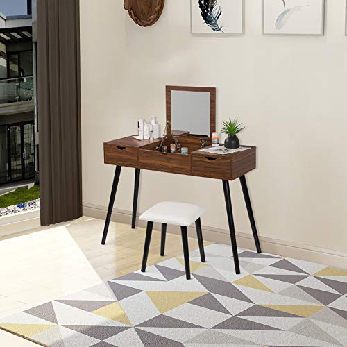 EUGAD Juego Mesa de Tocador con Taburete con Bisagras Tocador Moderno Escritorio para Computadora con Espejo Plegable Mesa de Maquillaje con 2 Cajones Madera 100x40x75cm Roble 0013SZT