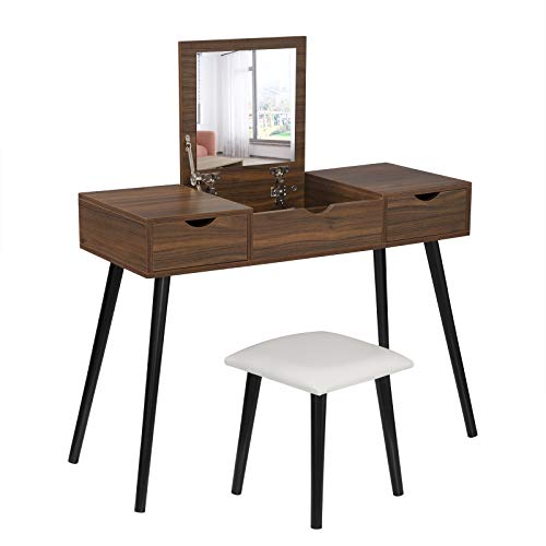 EUGAD Juego Mesa de Tocador con Taburete con Bisagras Tocador Moderno Escritorio para Computadora con Espejo Plegable Mesa de Maquillaje con 2 Cajones Madera 100x40x75cm Roble 0013SZT