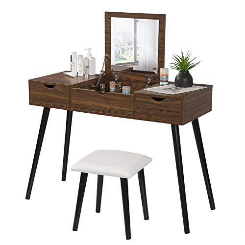 EUGAD Juego Mesa de Tocador con Taburete con Bisagras Tocador Moderno Escritorio para Computadora con Espejo Plegable Mesa de Maquillaje con 2 Cajones Madera 100x40x75cm Roble 0013SZT