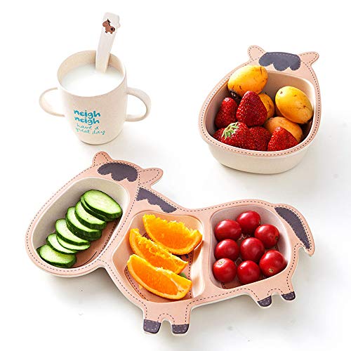 EULANT Juegos de Vajilla para Niños, Set Plato Y Bol Bebé,Cubiertos Infantile Bambú Sin BPA, 5pcs Set De Vajilla (Plato Compartimento,Bol,Taza, Tenedor,Cuchara),Bebé Mejor Regalos, Forma Caballo