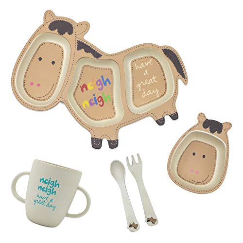 EULANT Juegos de Vajilla para Niños, Set Plato Y Bol Bebé,Cubiertos Infantile Bambú Sin BPA, 5pcs Set De Vajilla (Plato Compartimento,Bol,Taza, Tenedor,Cuchara),Bebé Mejor Regalos, Forma Caballo