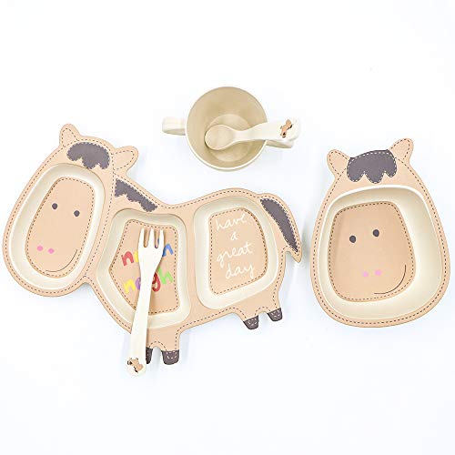 EULANT Juegos de Vajilla para Niños, Set Plato Y Bol Bebé,Cubiertos Infantile Bambú Sin BPA, 5pcs Set De Vajilla (Plato Compartimento,Bol,Taza, Tenedor,Cuchara),Bebé Mejor Regalos, Forma Caballo