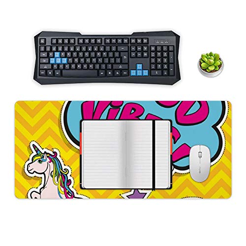 Extended Gaming Mouse Pad with Stitched Edges Waterproof Large Keyboard Mat Non-Slip Rubber Base Colorful Fun Magic Unicorn Speech Bubble Stars Donut Desk Pad for Gamer Office Home 16x35 Inch