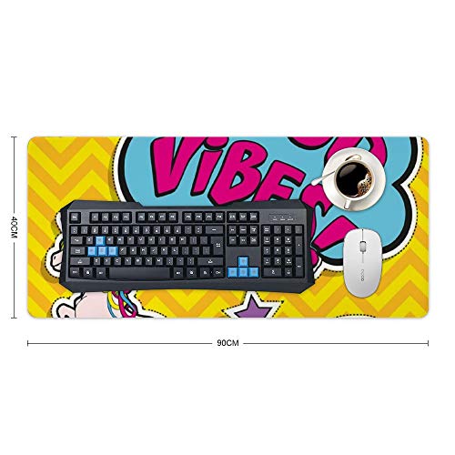 Extended Gaming Mouse Pad with Stitched Edges Waterproof Large Keyboard Mat Non-Slip Rubber Base Colorful Fun Magic Unicorn Speech Bubble Stars Donut Desk Pad for Gamer Office Home 16x35 Inch