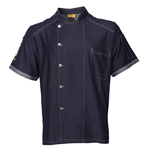 F Fityle Chaqueta de Cocinero de Mezclilla Uniforme de Chef Camiseta de Manga Corta Transpirable Secado Rápido Anti-arrugas para Mujer Hombre - Azul purpúreo, XL