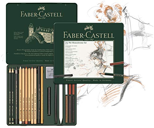 Faber-Castell 112976 - Estuche de metal con 21 piezas, surtido de carbonos, grafitos, ecolápices y tizas