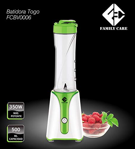 Family Care Batidora de vaso para Smoothies, botella de deporte de 500 ml BPA free, 4 cuchillas rompehielos de acero inoxidable, 350 W, color verde