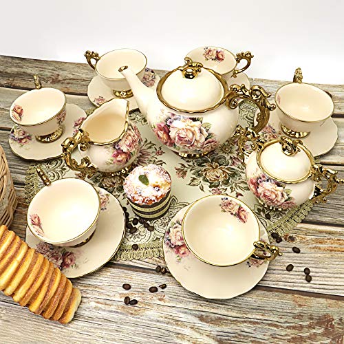 fanquare 15 Piezas Juegos de Té de Porcelana Inglesa, Vintage Juego de Café de Flores Rosas, Servicio de Té de Boda