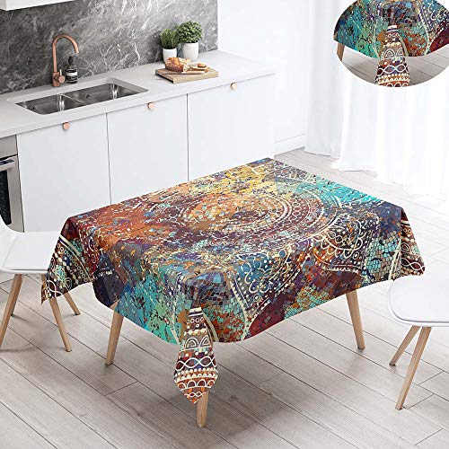 Fansu Manteles de Mesa Rectangular para Decorar, Impermeable Antimanchas Comedor Cuadrada Mandala de Impresión Manteles para Individuales/Cocina/Cena/Picnic Decoración (Marrón Vintage,140x200cm)