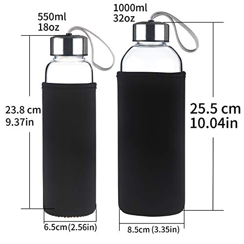 FCSDETAIL Botella de Agua de Cristal, Botella de Agua de Vidrio de Borosilicato con Funda de Neopreno con Tapa de Acero Inoxidable 550ml