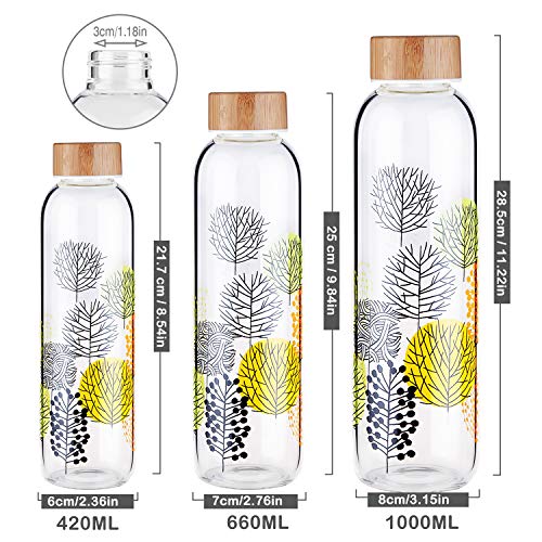 FCSDETAIL Botella de Agua de Cristal sin BPA, Botella de Agua de Vidrio de Borosilicato con Funda de Neopreno y Tapa de Bambú 420ml / 660ml / 1000ml